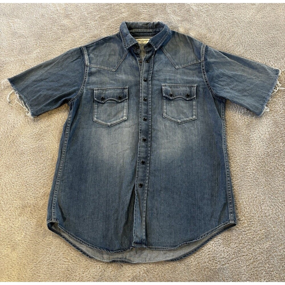 Saint Laurent Paris Men's L Blue Denim Button-Up Distressed Short Sleeve Pockets